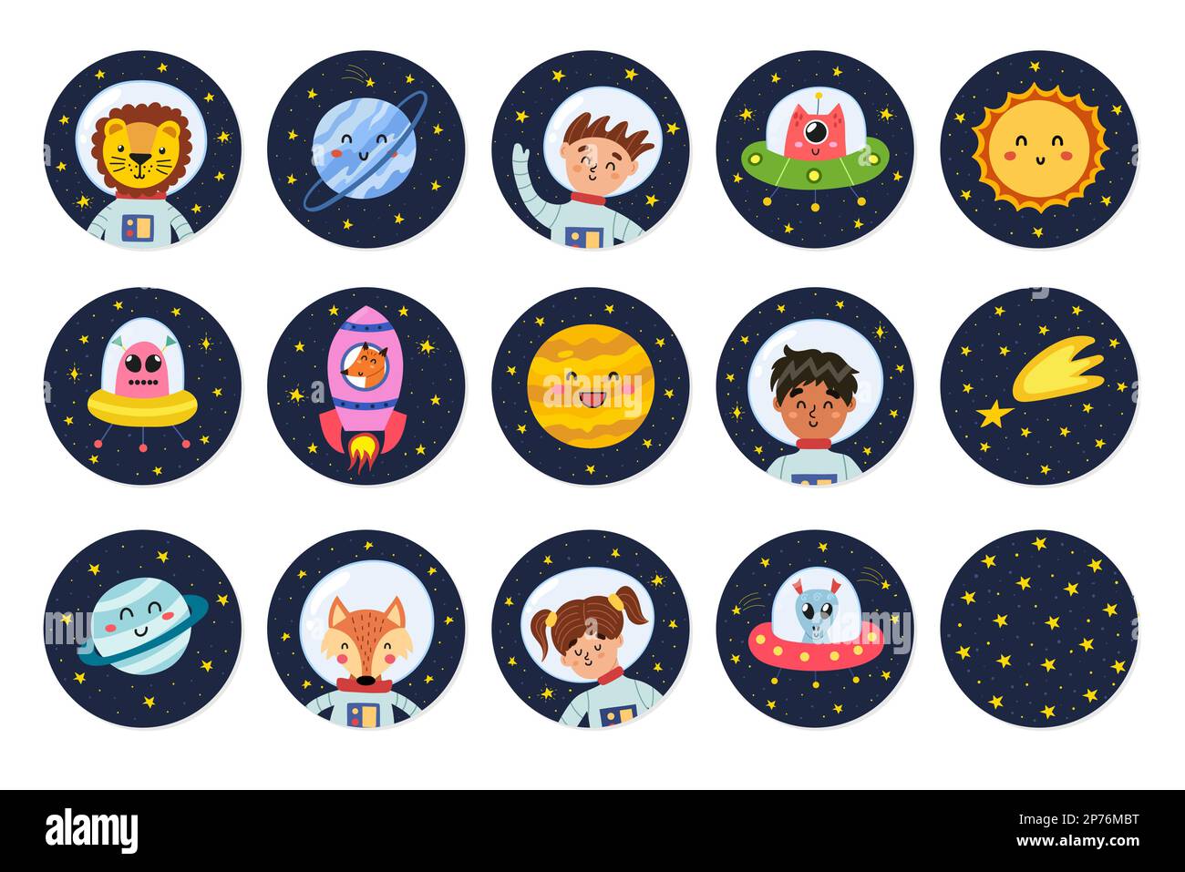Cute stickers collection with space characters. Space labels with boys