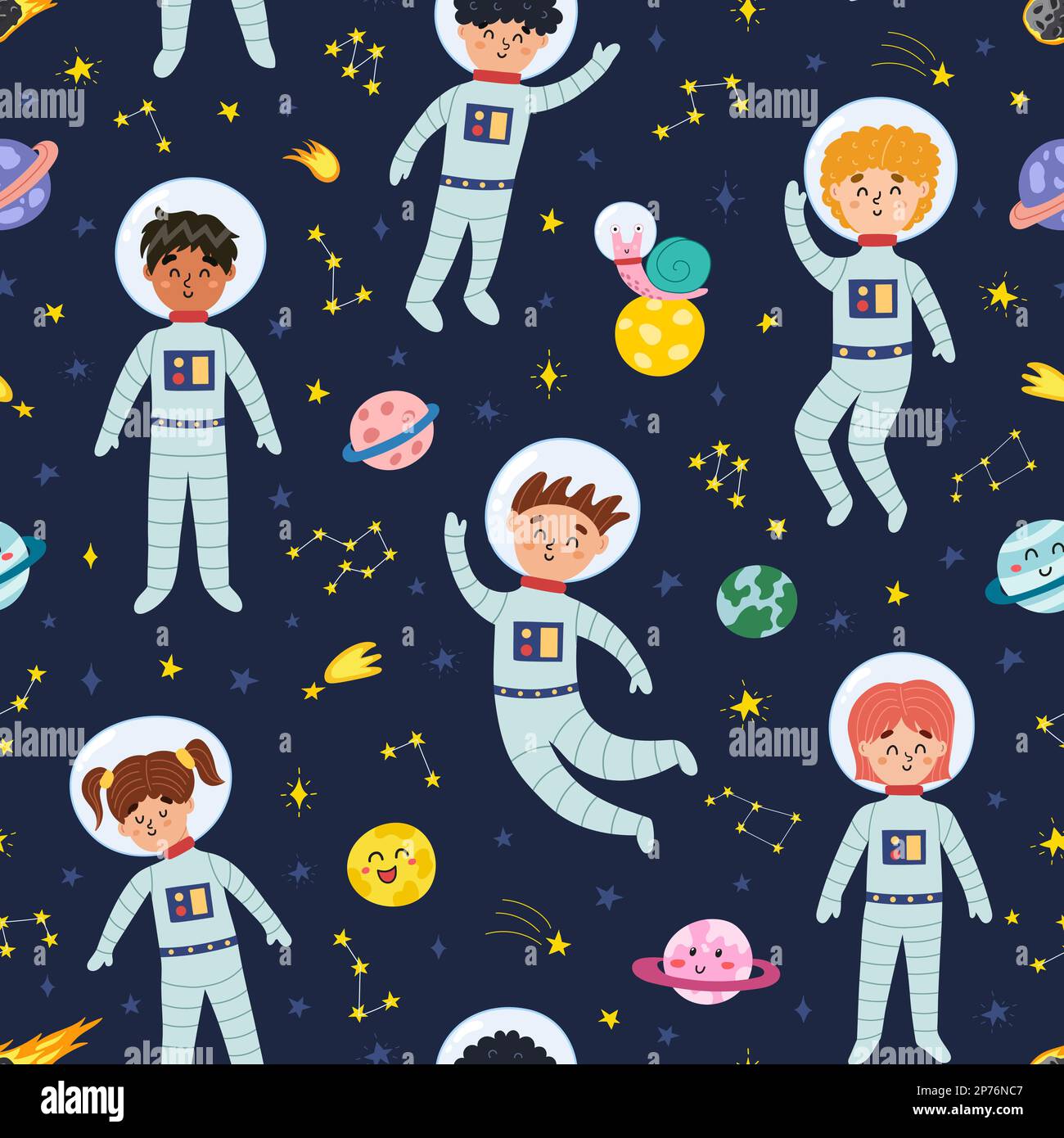 Cute space seamless pattern with kids astronauts. Starts, planets and ...