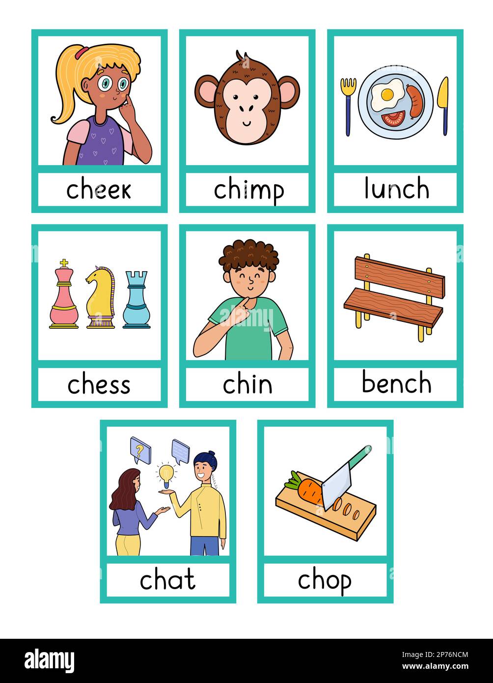 Phonics flashcards with ch spelling rule. Flash cards with phonics
