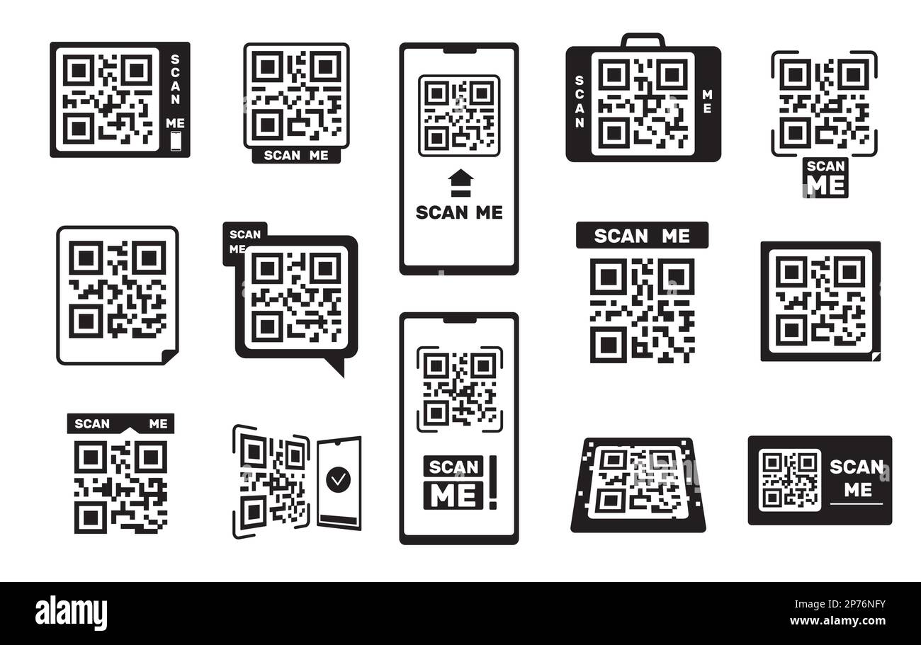 QR codes. Barcode smartphone id frame, scanning binary coding tag for retail or cellphone app, mobile payment and identity concept. Vector set Stock Vector