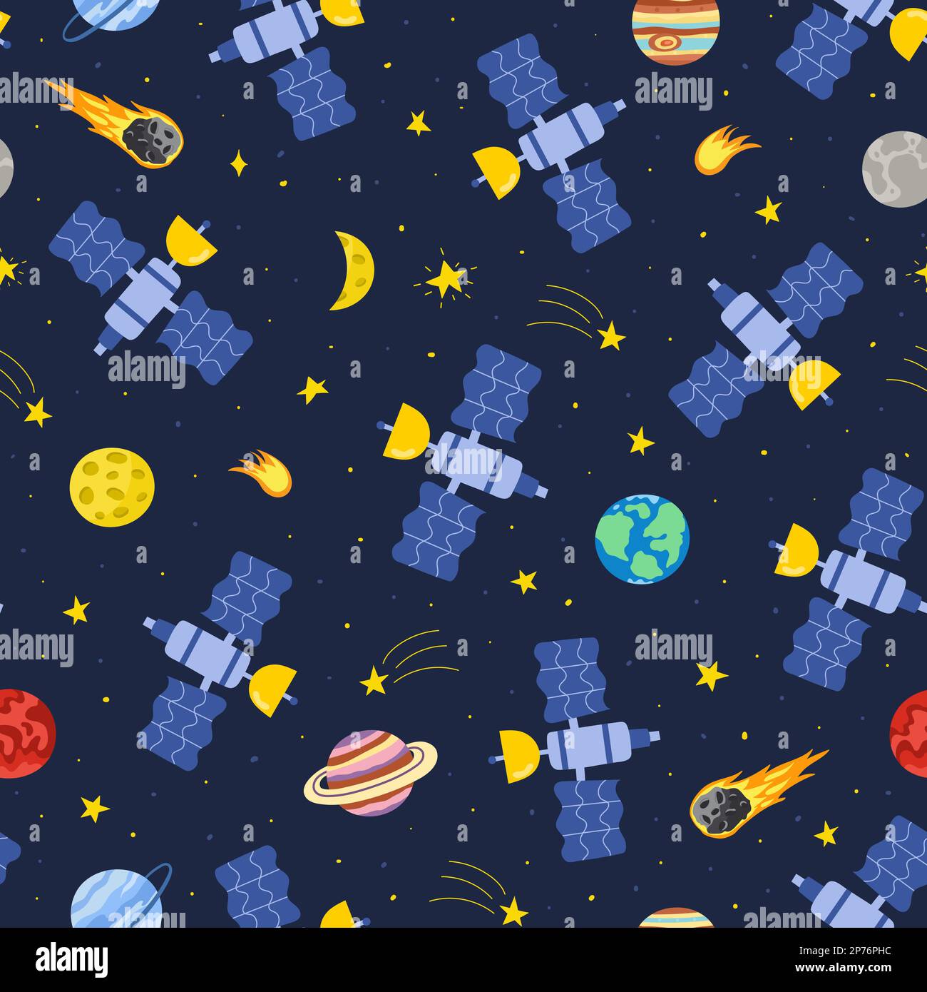 Satellite Pattern Design Satellite flying in space seamless pattern. Cosmic background Stock ...