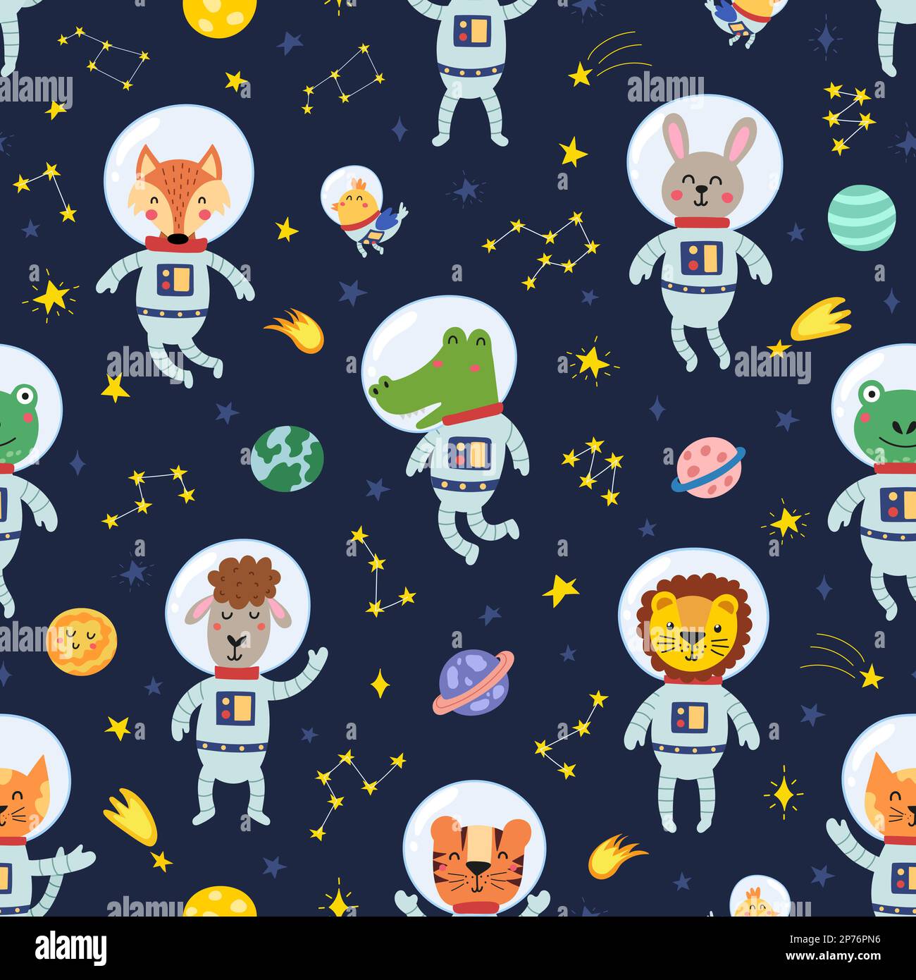 Cute animals astronauts in space seamless pattern. Funny childish ...