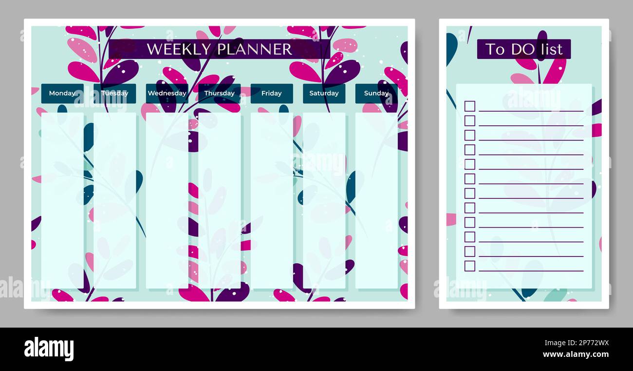Weekly planner with To Do list on floral backdrop. Stock Vector
