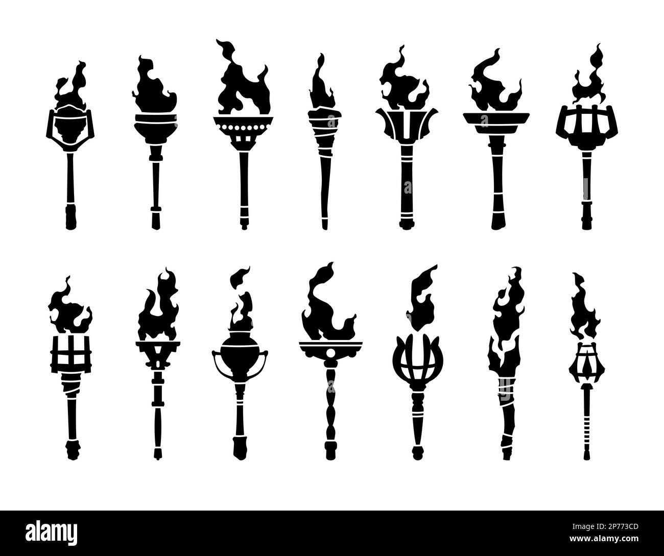 Black torch icons. Medieval burning fire blaze silhouettes, fiery flaming stick icons, liberty achievement championship concept. Vector set Stock Vector