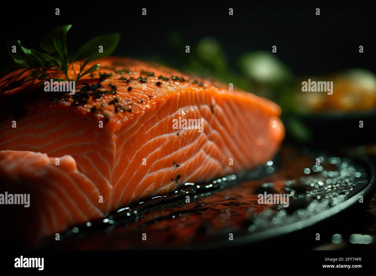 Very appetizing and delicious cooked salmon tail on a dark plate. Grilling recipes. Close-up photo of food Stock Photo