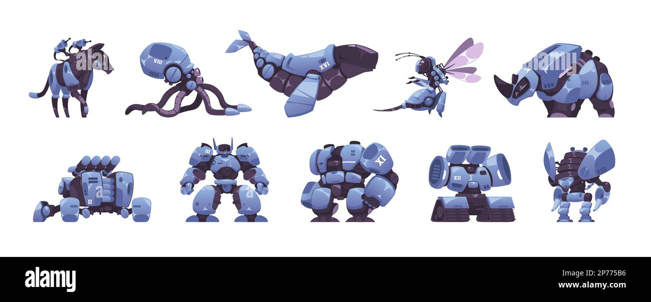 animals. Futuristic mechanical robot characters, cartoon punk