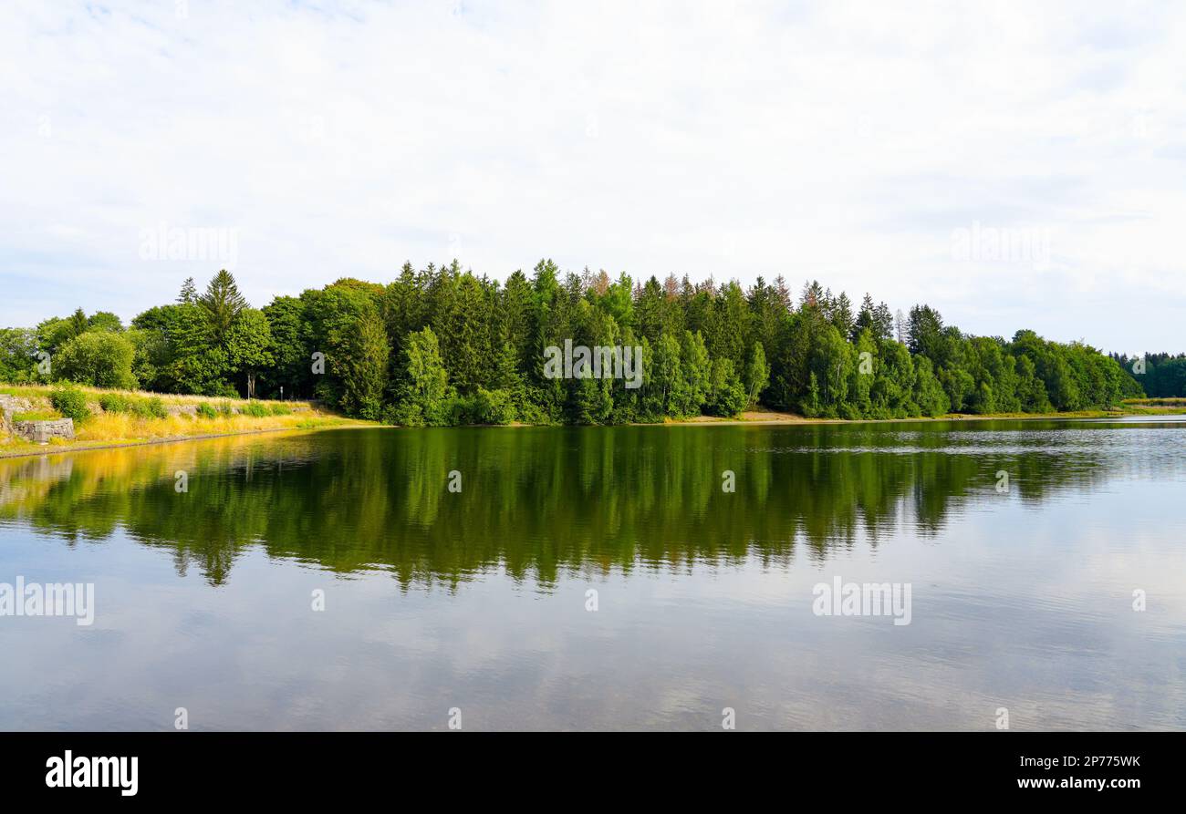 Landscape at the Unterer Haus-Herzberger Teich. Nature at the lake near Clausthal-Zellerfeld in the Harz National Park. Former mining pond. Stock Photo