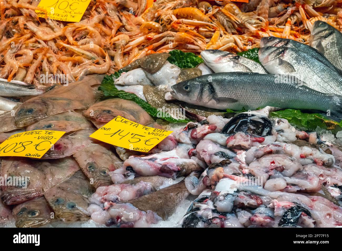 Fresh fish, seafood and crustaceans for sale at a market in Barcelona, Spain Stock Photo