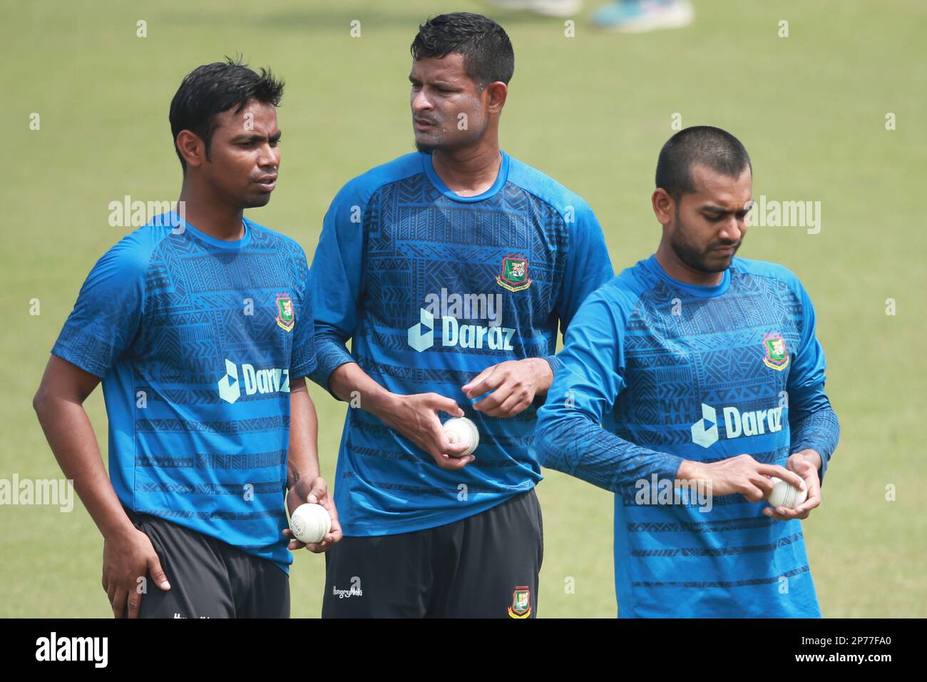Tanivi Islam, Nasum Ahmed and Mehidy Hasan Miraz during Bangladesh T20 Cricket Team practice ahead of the first match of the series at Zahur Ahmed Cho Stock Photo