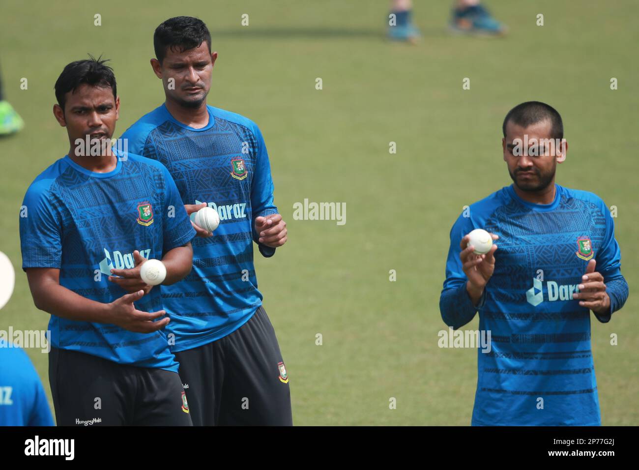 Tanivi Islam, Nasum Ahmed and Mehidy Hasan Miraz during Bangladesh T20 Cricket Team practice ahead of the first match of the series at Zahur Ahmed Cho Stock Photo
