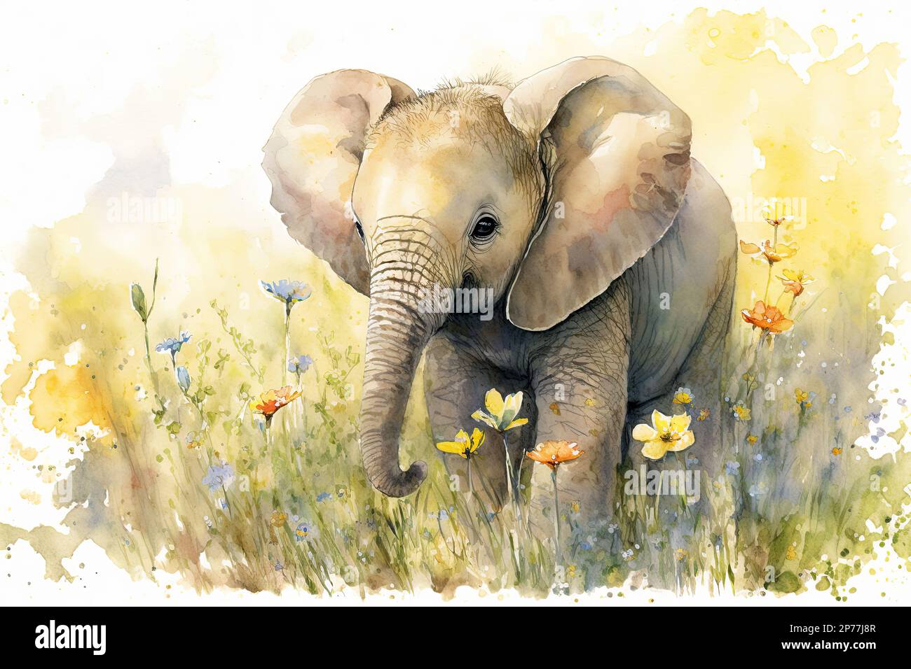 Watercolor painting of a cute baby elephant on a blooming meadow. Baby