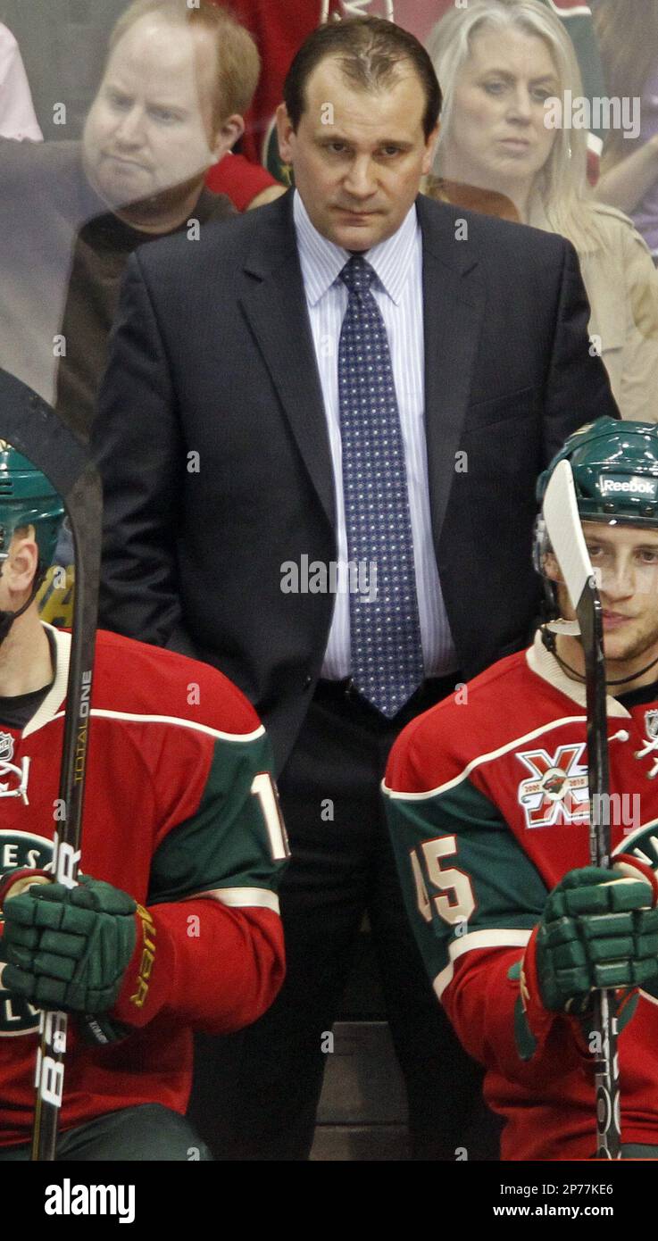 Minnesota Wild hockey coach Todd Richards watches from the bench during an NHL game between the Wild and Dallas Stars in St