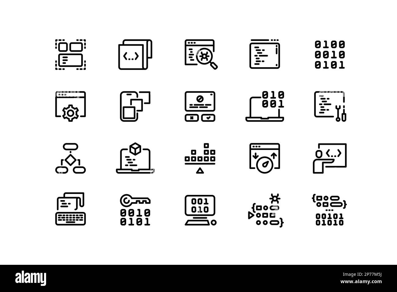 Coding line icons. Program code editing, running and debugging, software architecture, application development and optimization. Vector editable Stock Vector