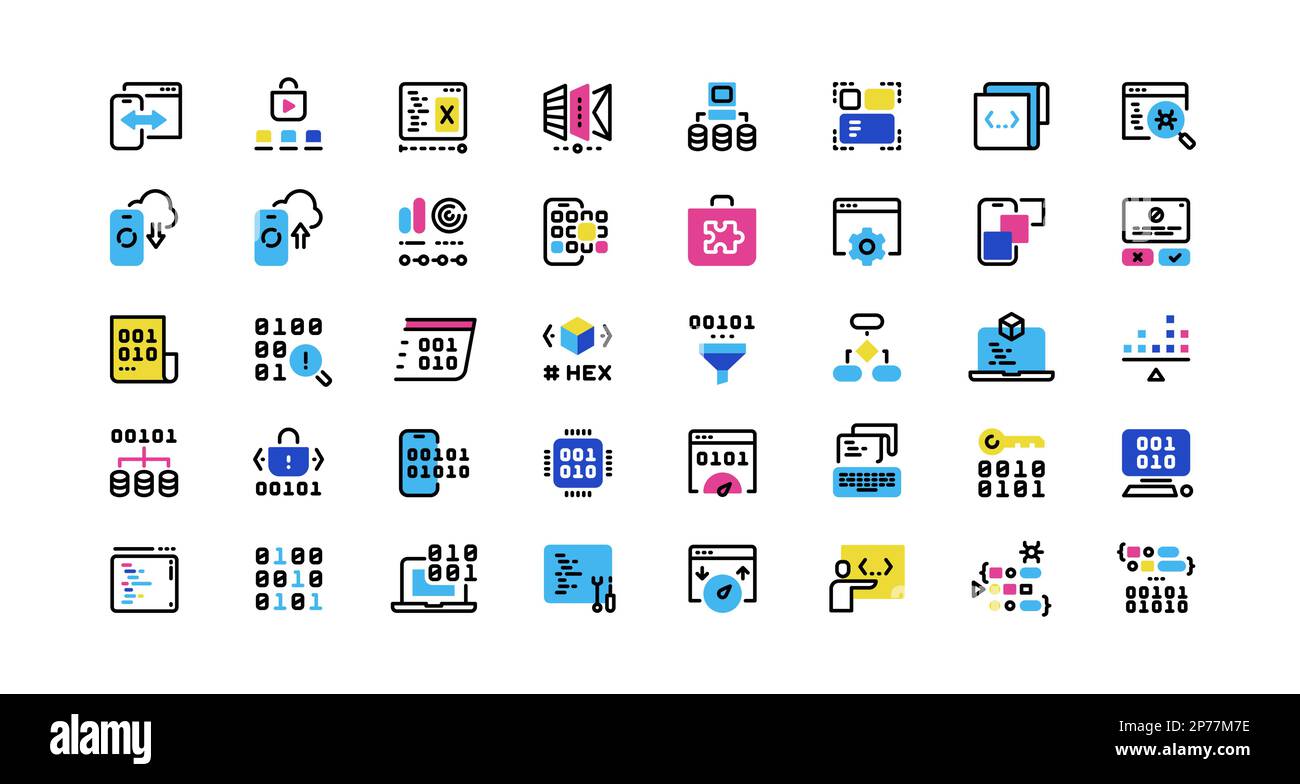 Software development line icons. Program coding, application architecture, front-end and back-end development, authorization security. Vector editable Stock Vector