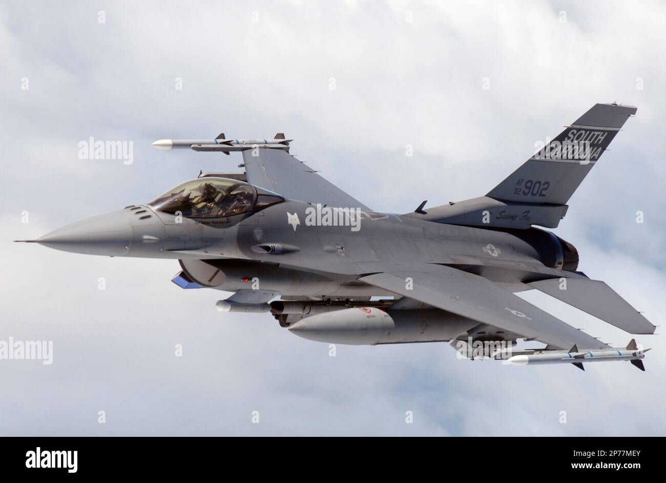 GENERAL DYNAMICS F-16C Fighting Falcon multirole fighter of the South Carolina Air National Guard equpiied with air-to-air missiles, bomb ra k, targeting pods and ECM pods. Stock Photo