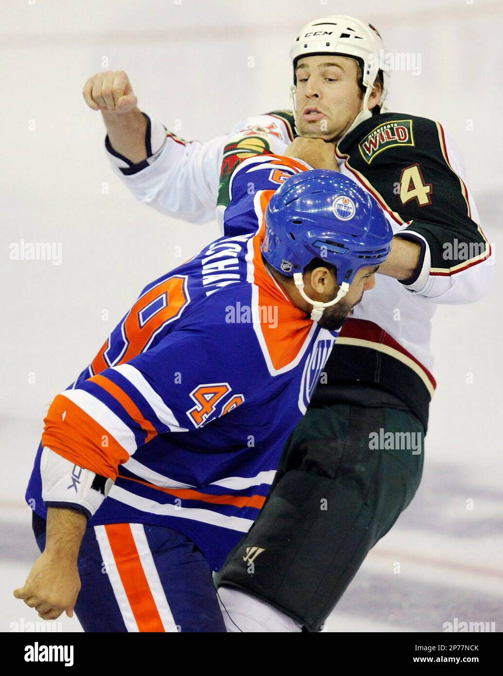 Minnesota Wild's Clayton Stoner (4) and Dany Heatley (15) celebrate a goal  against the Edmonton Oilers during third period NHL hockey action in  Edmonton, Alberta, on Thursday Feb. 27, 2014. (AP Photo/The