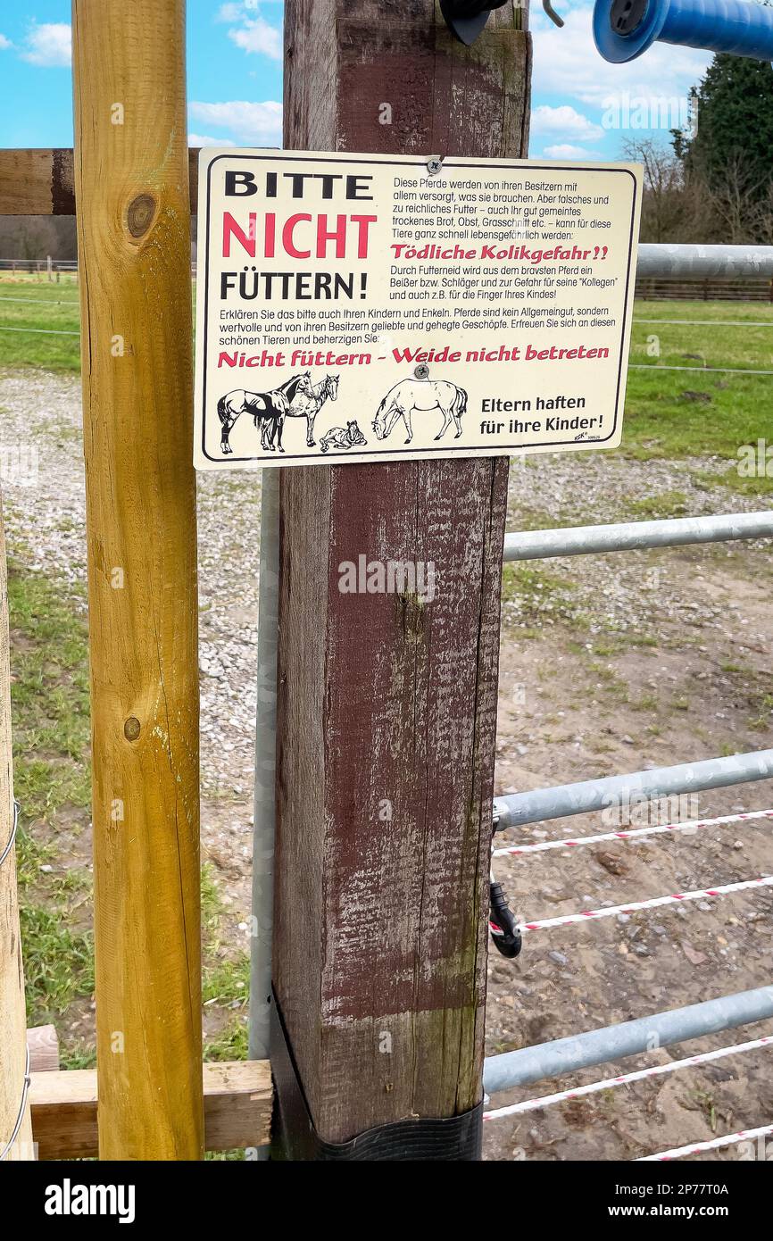 Warnschild Füttern verboten an Gatter von Pferdekoppel, Kirchhellen, Nordrhein-Westfalen, Deutschland, Europa Stock Photo