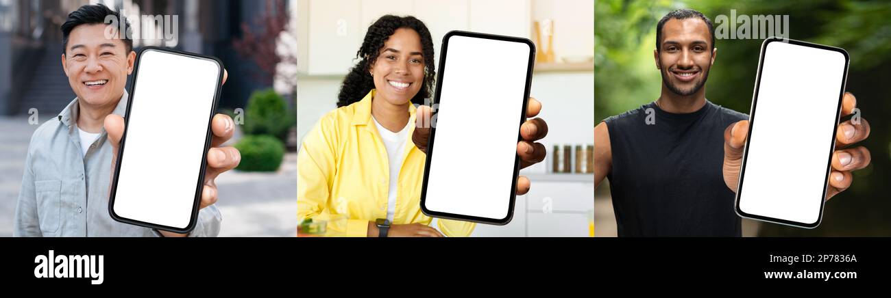 Diverse Multiethnic People Holding Big Blank Smartphones With White ...