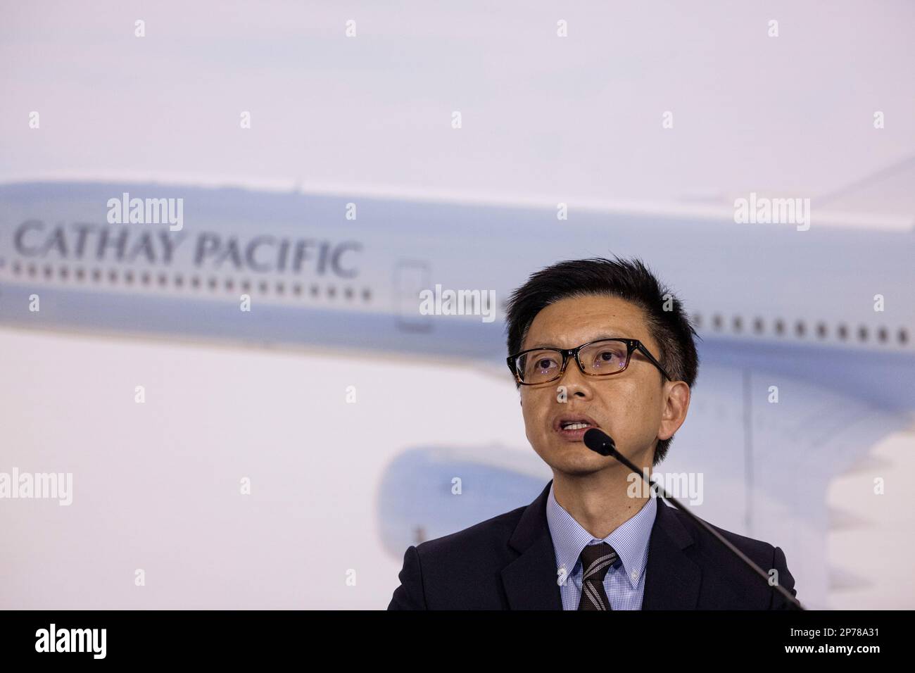 Ronald Lam, chief executive officer of Cathay Pacific Airways, speaks  during a media briefing in Hong Kong, on Wednesday, March 8, 2023. Cathay  Pacific Airways Ltd. said it was ready to rebuild