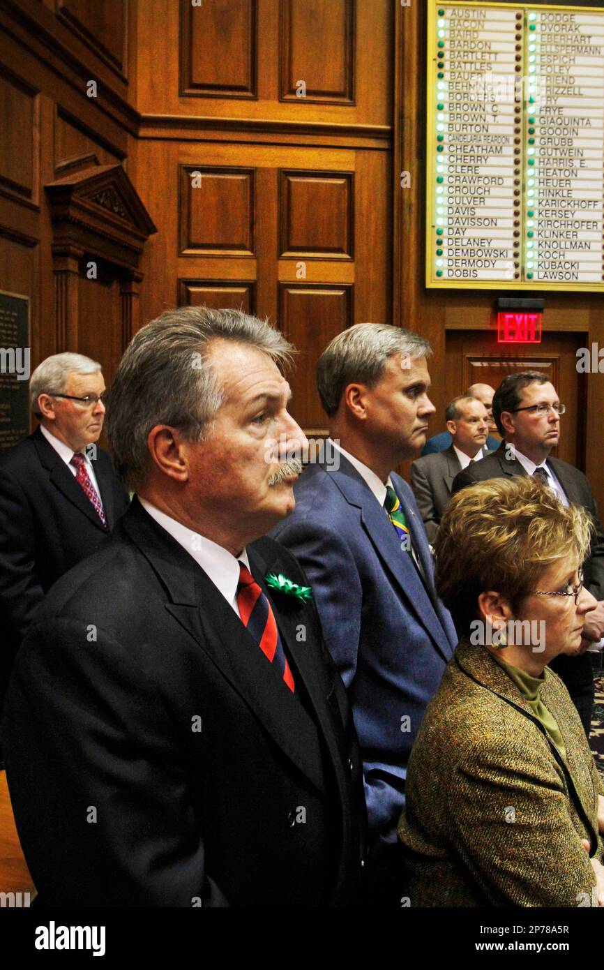 Republican members of the Indiana House and Senate stand in the House