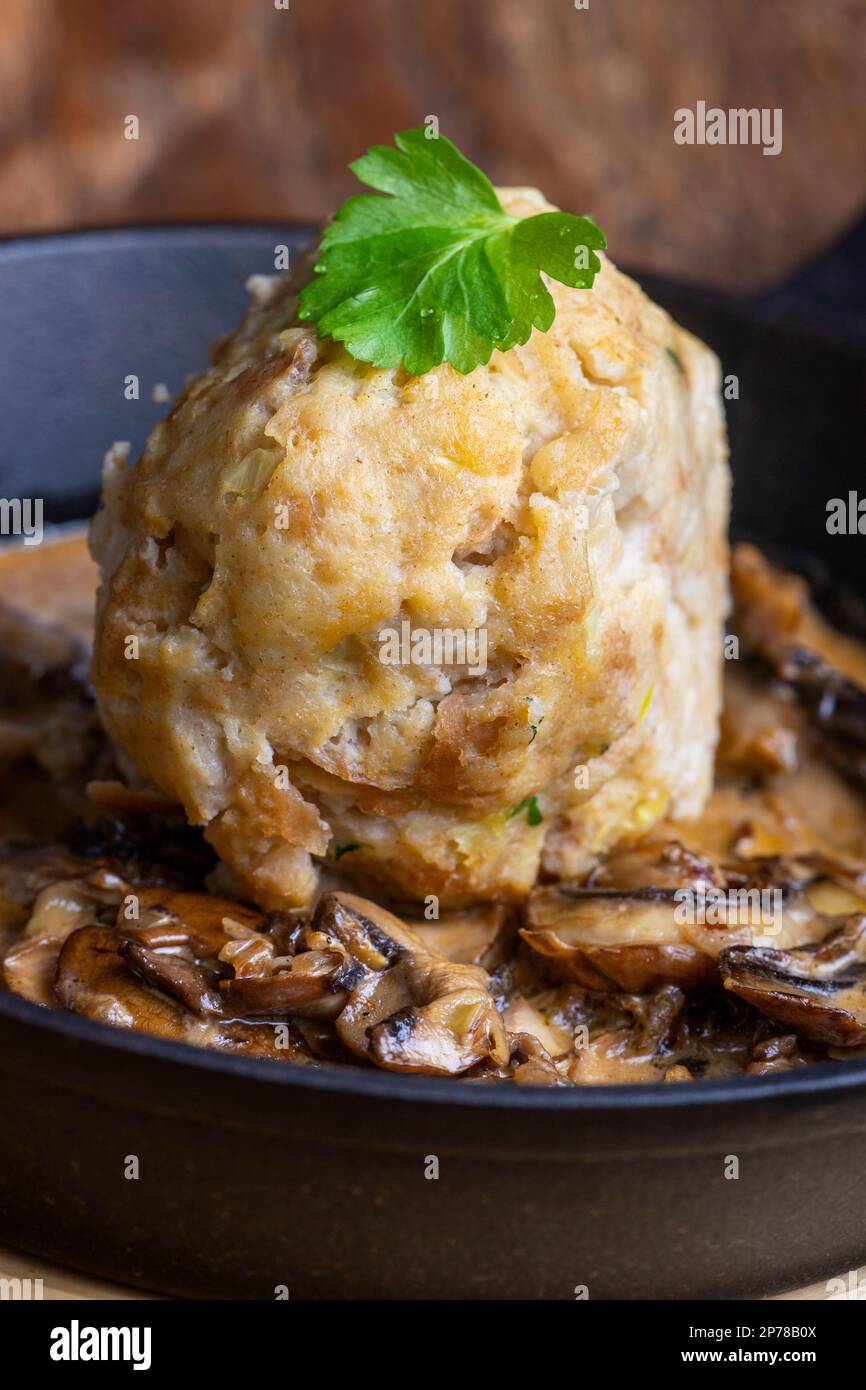 Bavarian Bread Dumpling In Mushroom Sauce Stock Photo