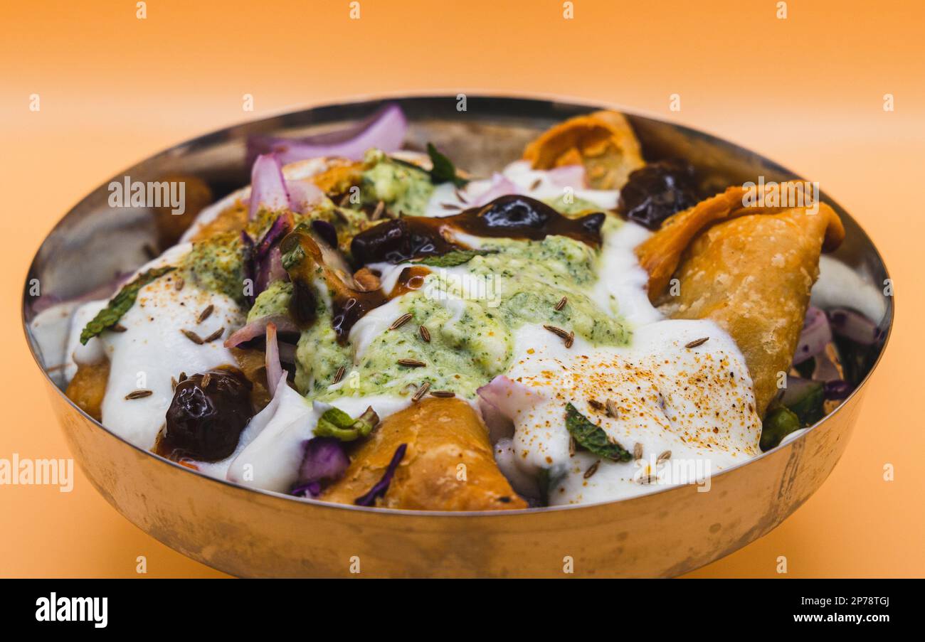 Samosa Chaat Indian Pakistani Street Food Vegetarian Snack. Made with