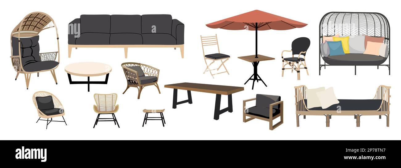Outdoor garden, porch zone furniture vector set Stock Vector Image