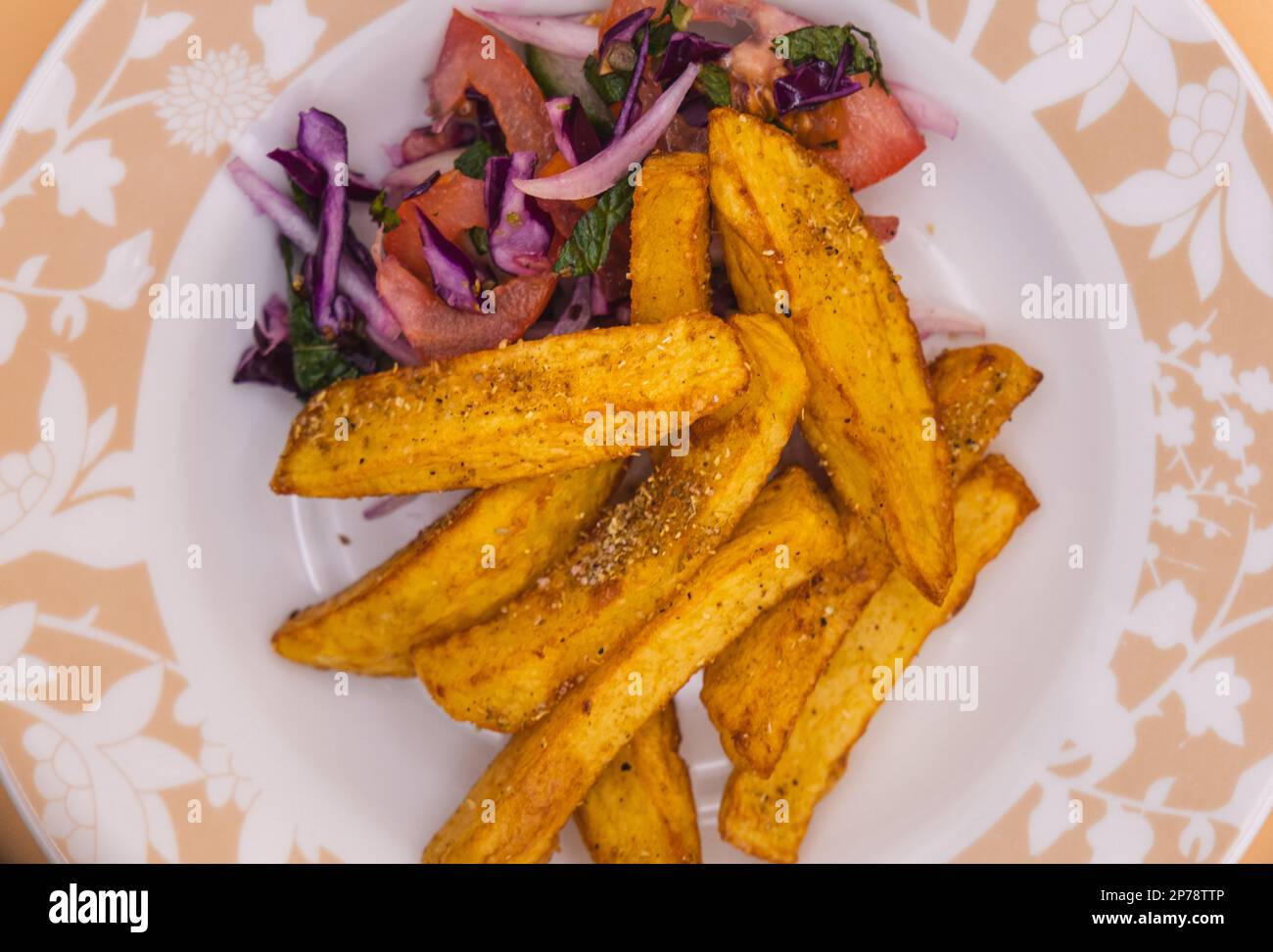 Homemade Chips With Salad Stock Photo Alamy