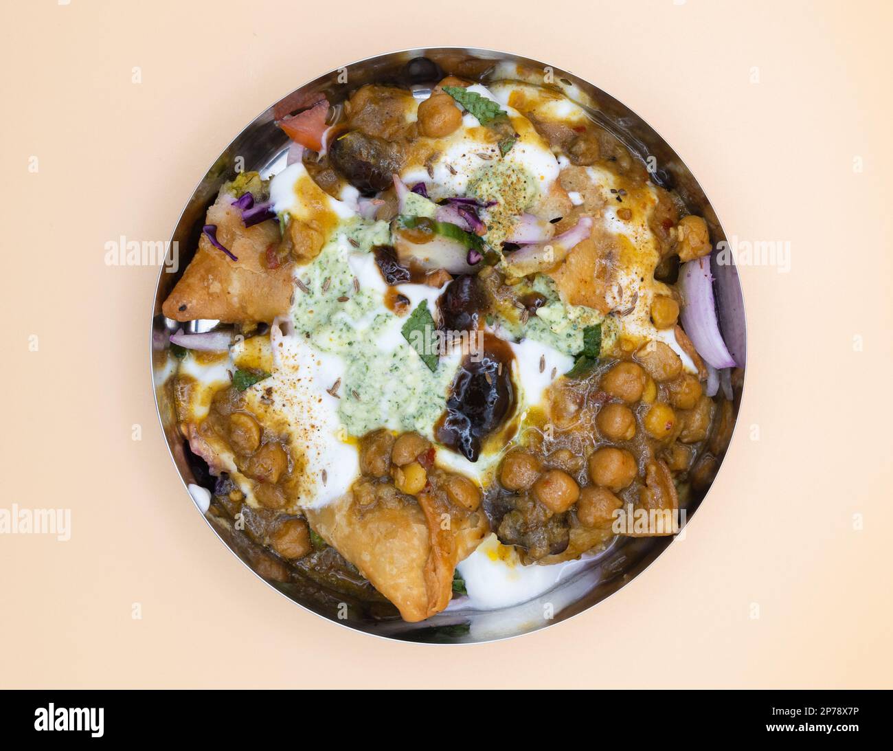 Samosa Chaat Indian Pakistani Street Food Vegetarian Snack. Made with