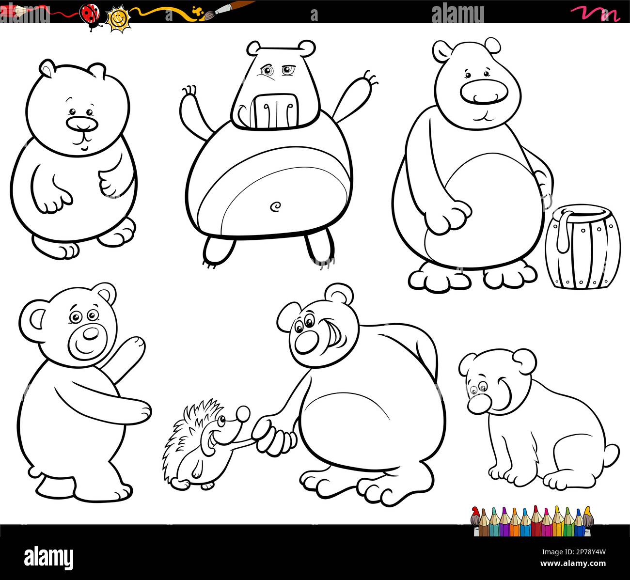 Black and white cartoon humorous illustration of funny bears animal