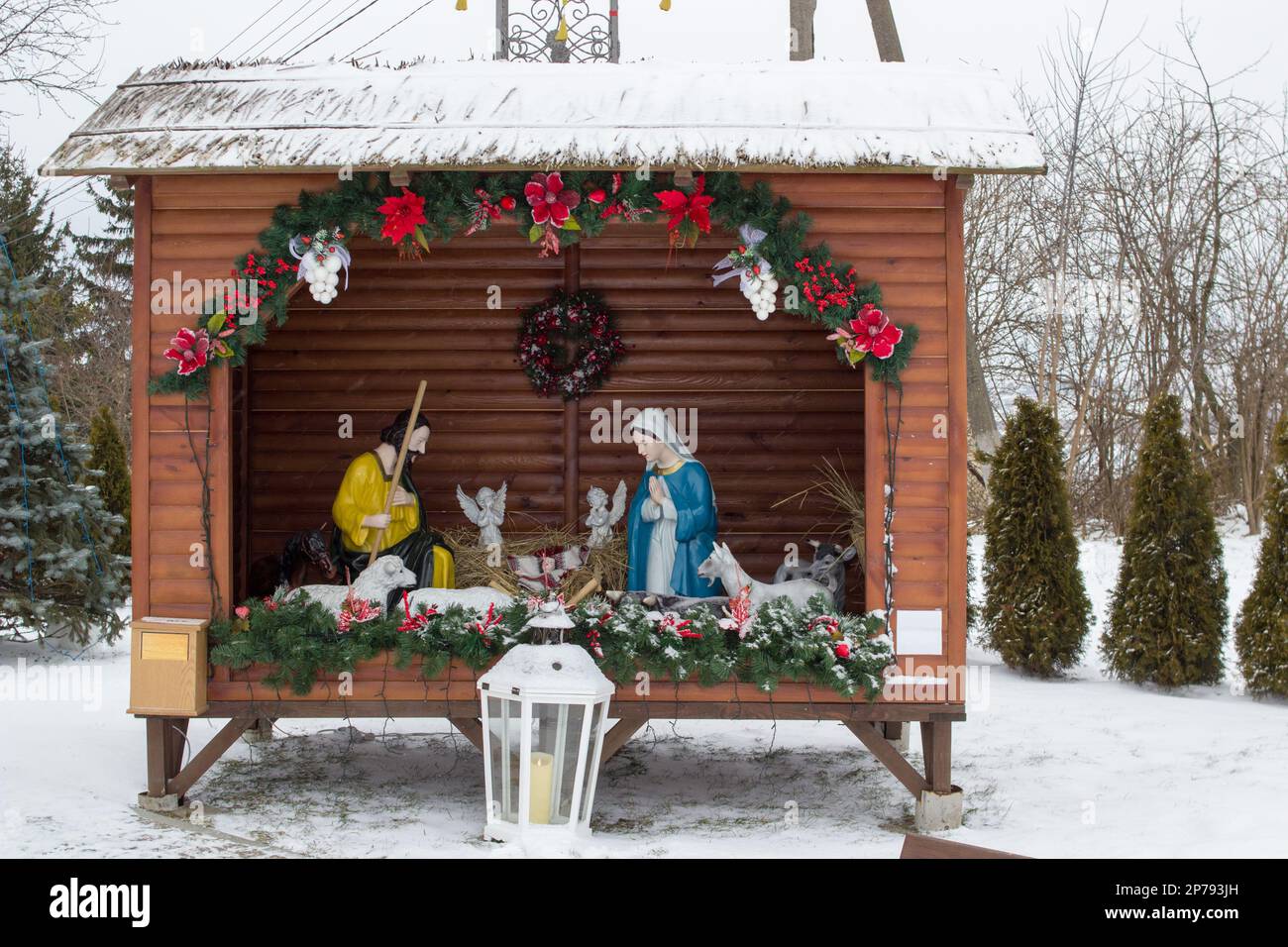 Ukrainian Christmas holiday scene, statuettes on the street in the winter day Stock Photo