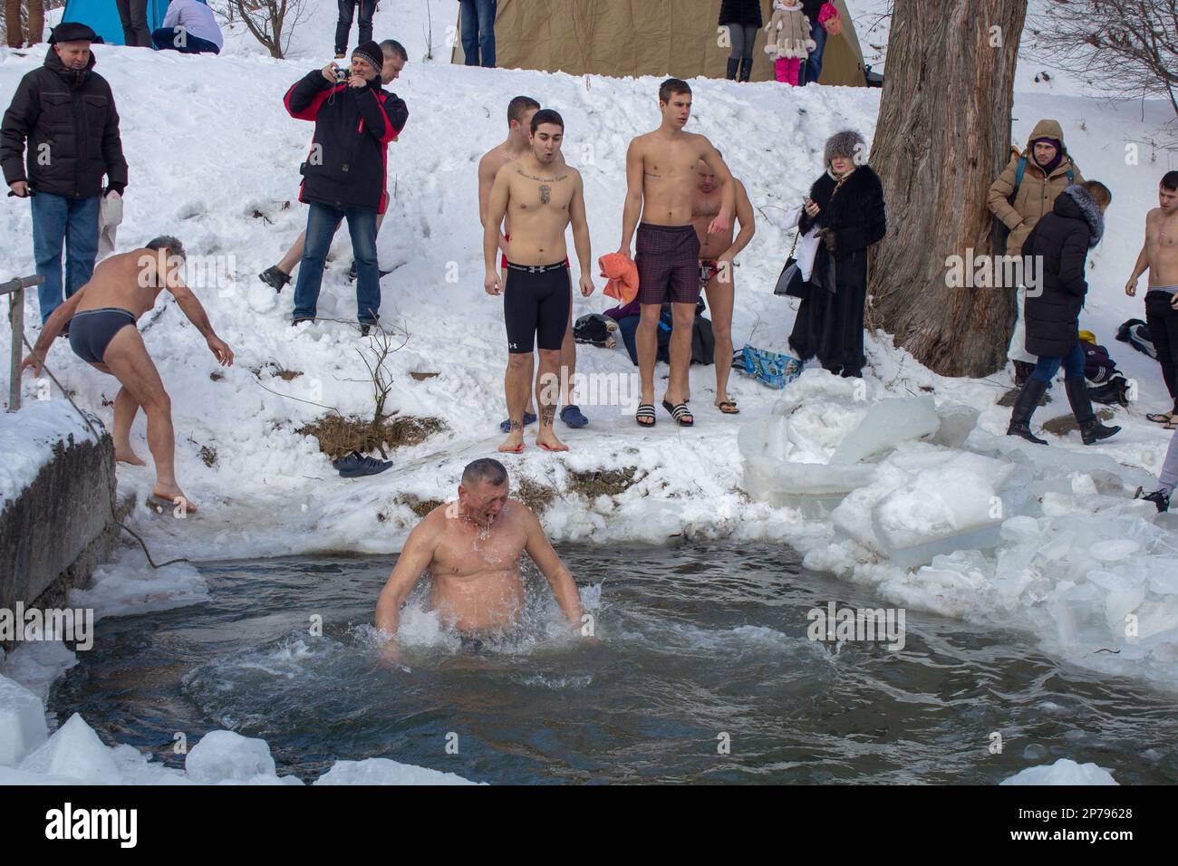 19.01.2017 Ukraine Lviv,winter baptism celebration of people in the pond Stock Photo