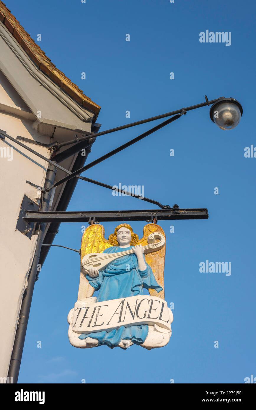 Angel Lavenham, view of the sign sited above the Angel Hotel, an historic   hotel and pub in Market Square in the village of Lavenham, Suffolk England Stock Photo