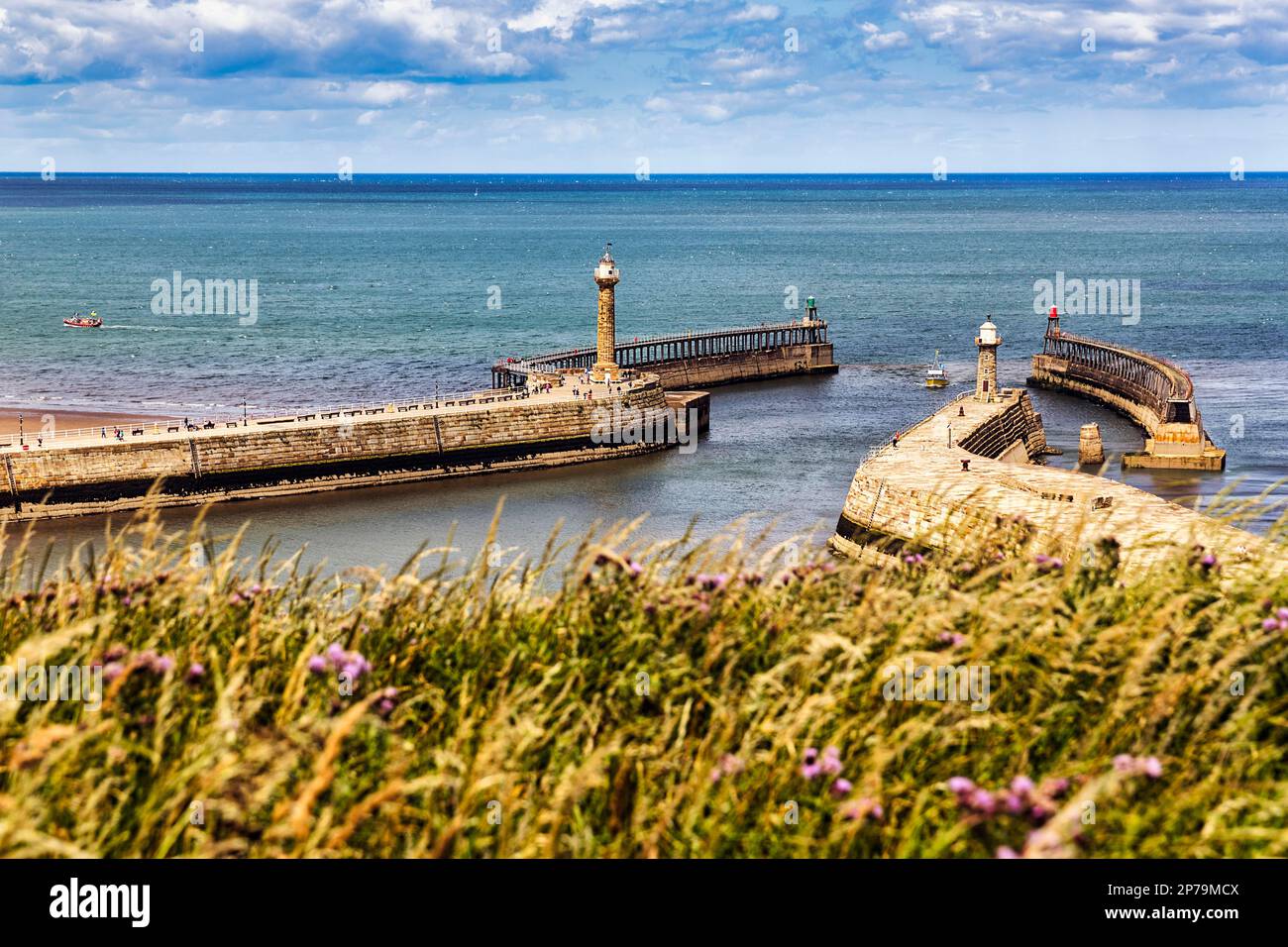 View of the harbour entrance, River Esk, mouth of the North Sea, Whitby, Yorkshire, England, United Kingdom Stock Photo