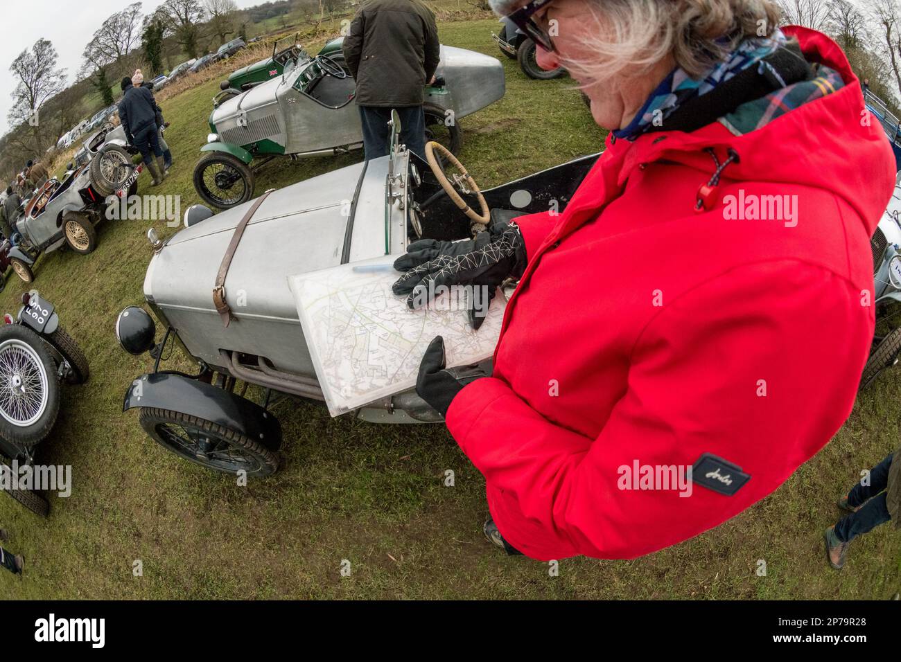 The Vintage Sports Car Club (V.S.C.C.) cars being scrutineered and checked before the John Harris hill trials for cars manufactured before W.W.2. Stock Photo