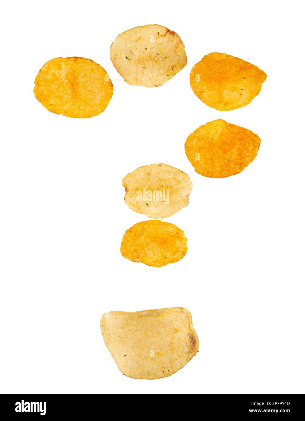 Question mark made of potato chips and isolated on white background