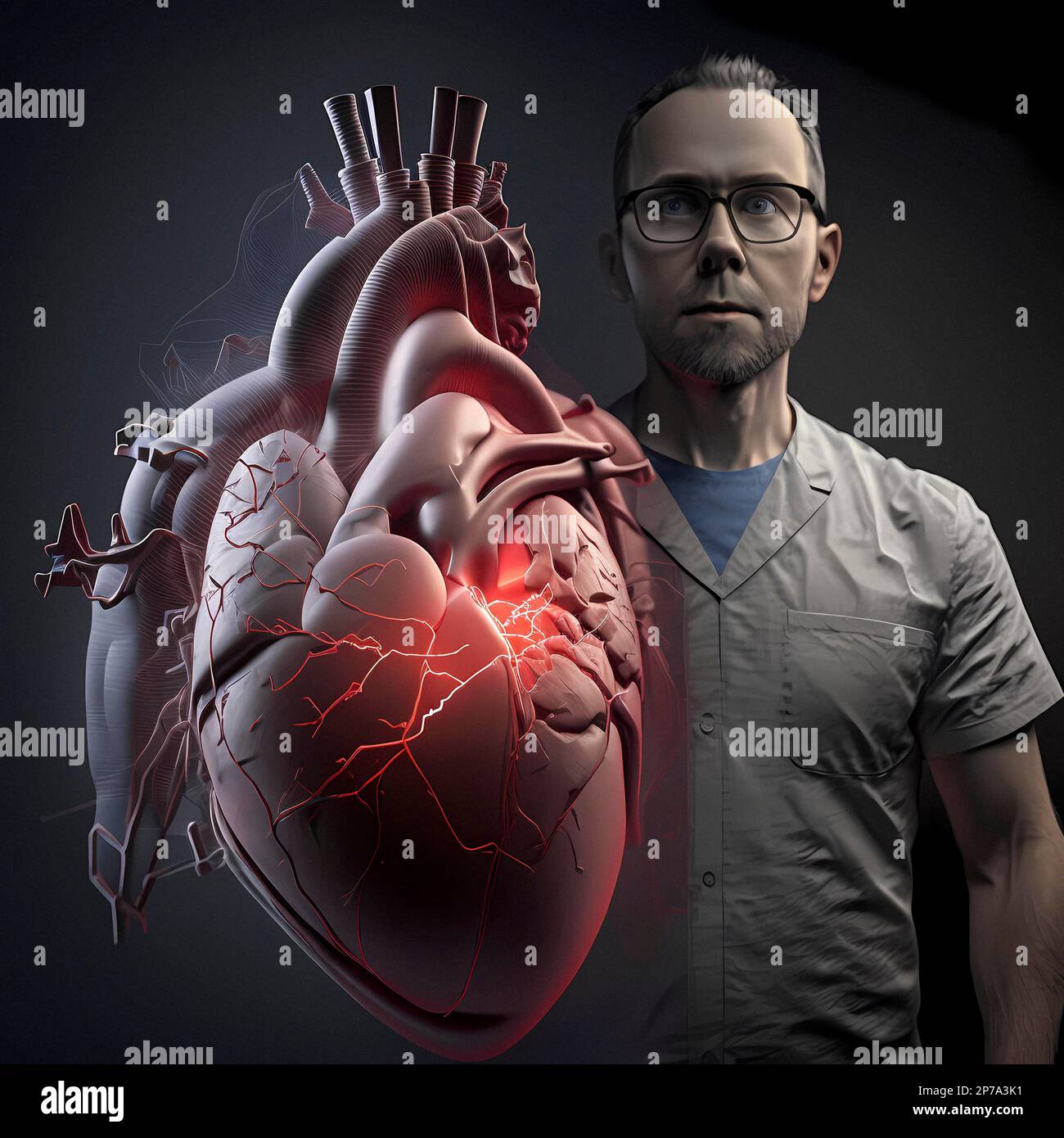 Cardiac surgery, human heart with cells and arteries, heart attack