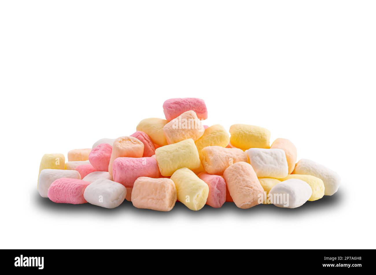 Side view pile of multicolor marshmallow isolated on white background with clipping path