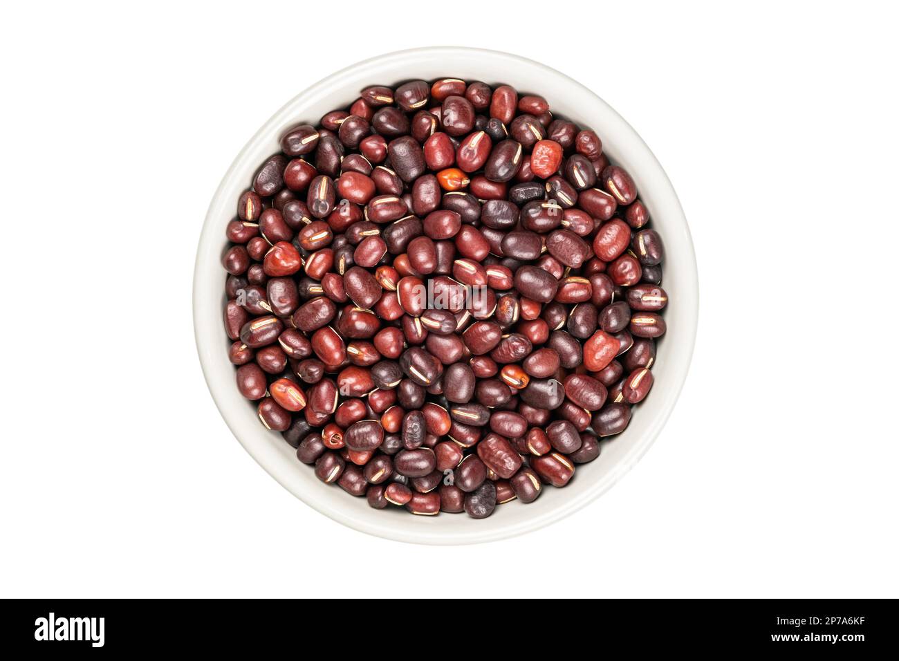 Top view (flat lay) of red beans in white ceramic cup on white ...