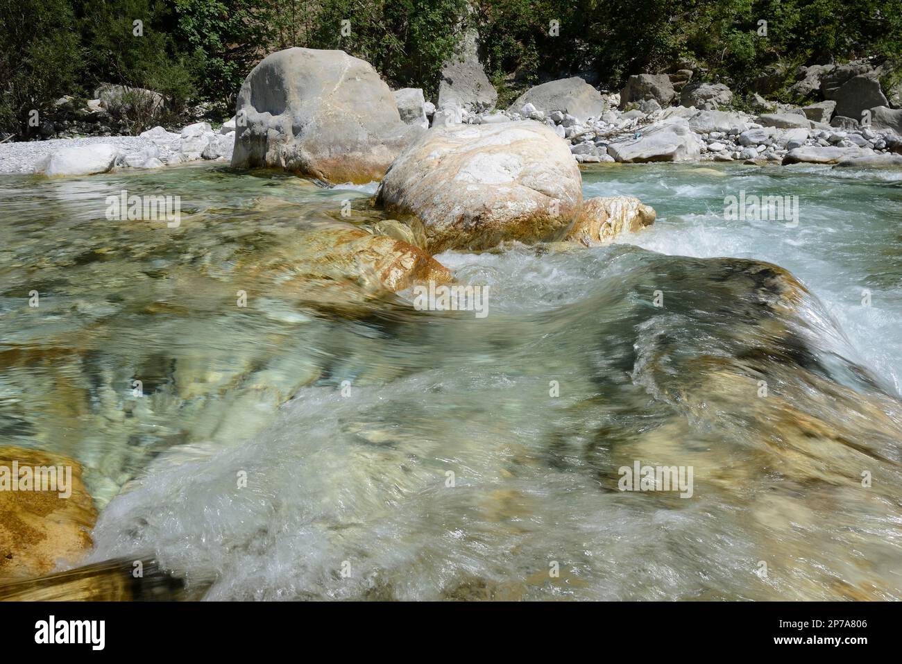 Crystal clear, clean water in the rocky riverbed of the Valbona, Valbona Valley, Albania Stock Photo