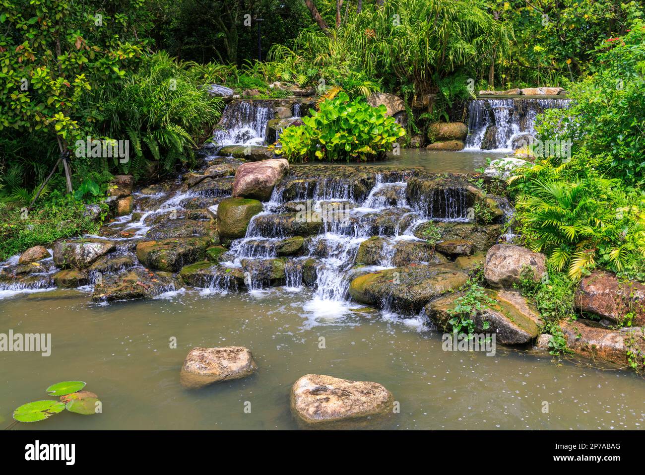Water cascades at the Kingfisher Wetlands, Gardens By The Bay, Singapore Stock Photo