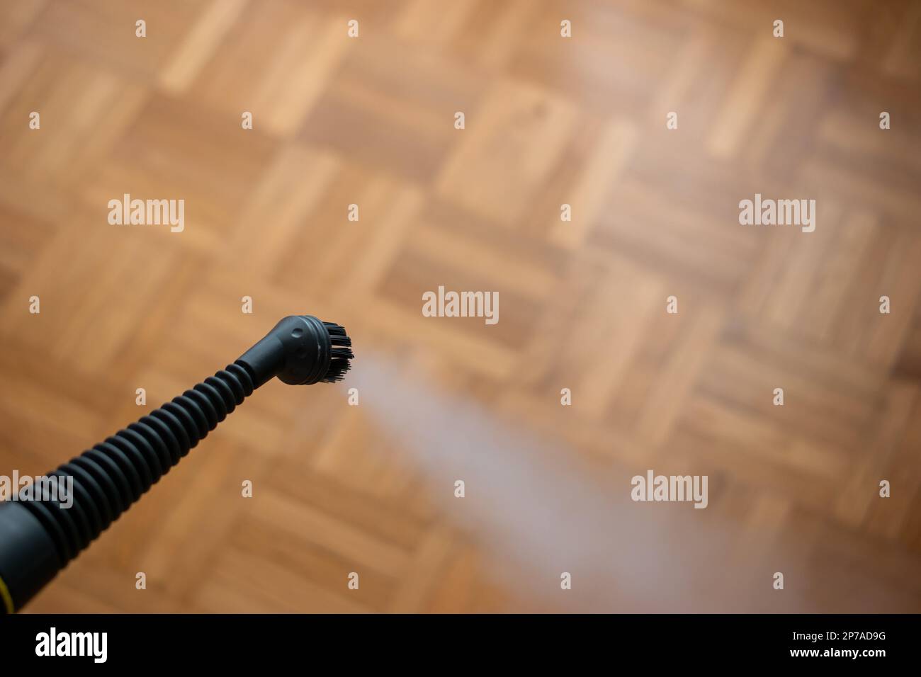 Steam pressure cleaner nozzle spraying water vapor cloud. Cleaning and