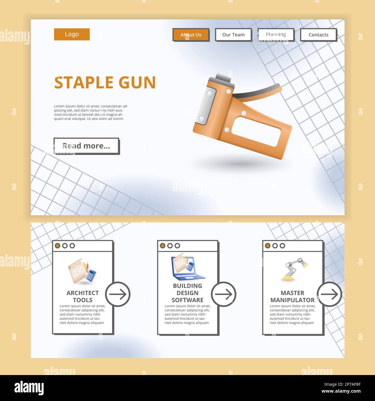 Staple gun flat landing page website template. Architect tools