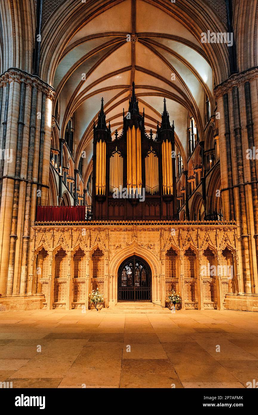 Rood screen with organ prospect, Lincoln Cathedral, The Cathedral Church of St Mary, Gothic, Lincoln, Lincolnshire, England, Great Britain Stock Photo