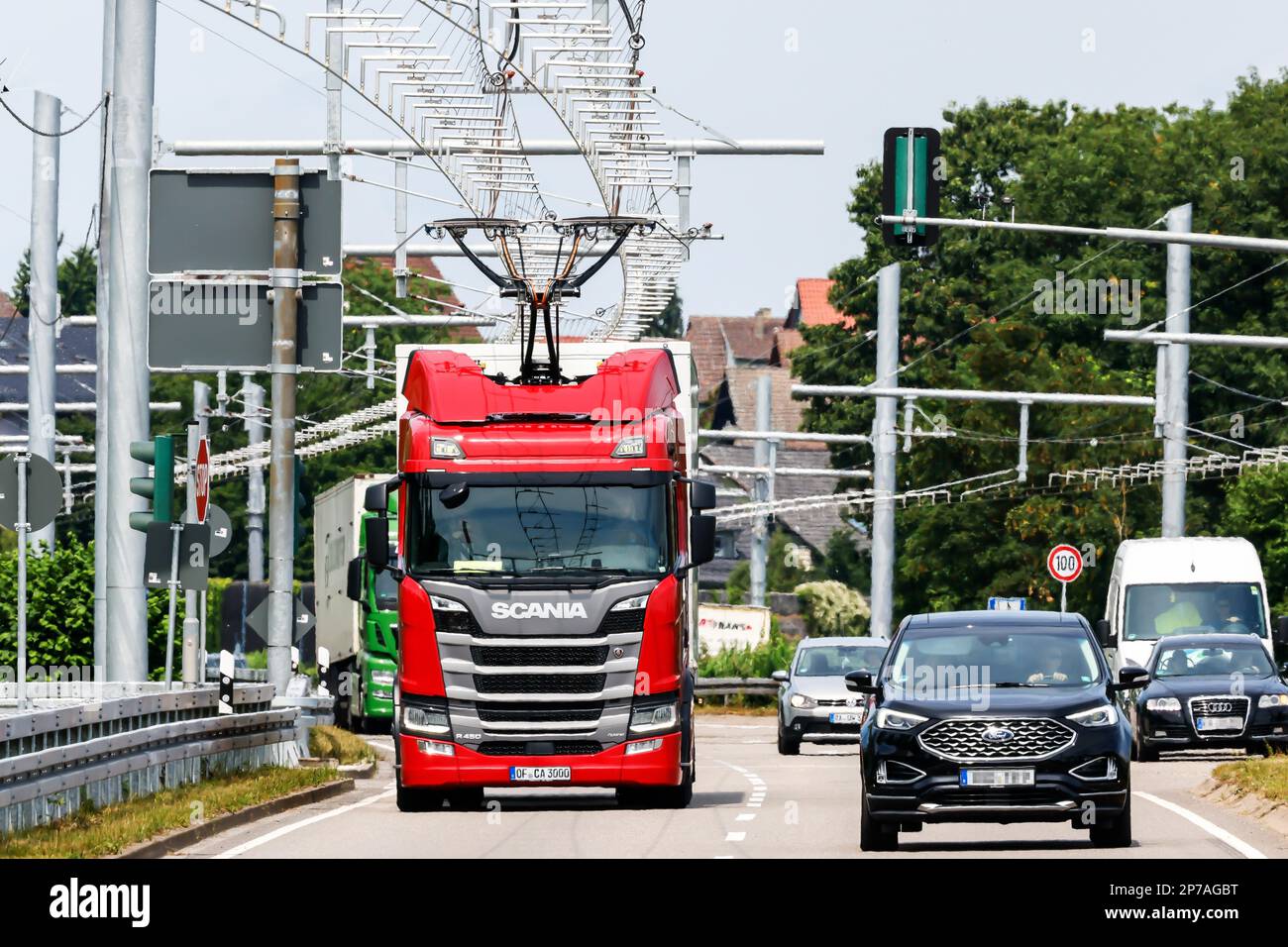 Pilot route for overhead line trucks, traffic on a federal highway, eWayBW is an 18-kilometre test route for electrically powered hybrid trucks Stock Photo