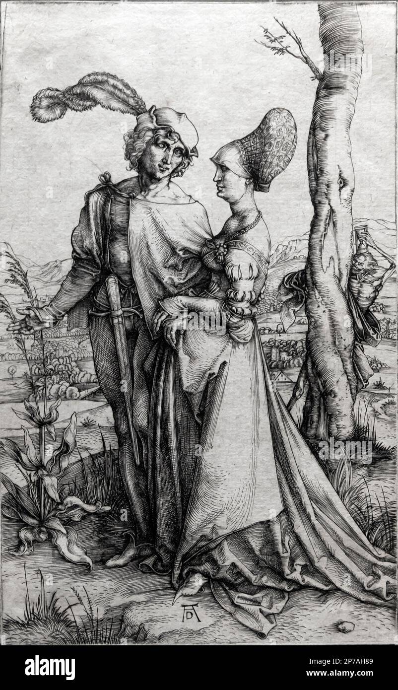 Young Couple Threatened by Death, The Promenade, Albrecht Durer, circa 1498, Art Institute of Chicago, Chicago, Illinois, USA, North America, Stock Photo