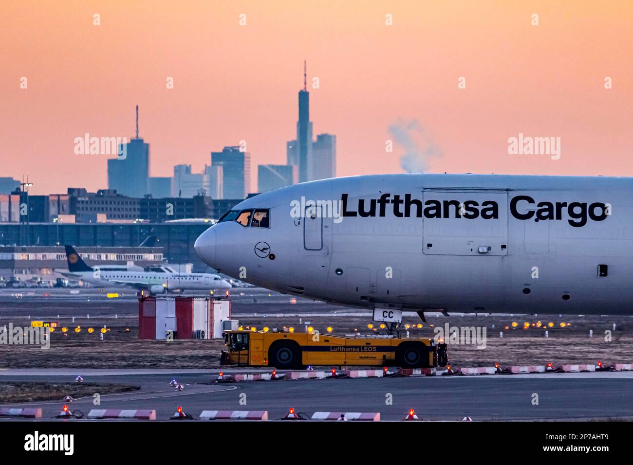 Fraport Airport with skyline, aircraft, MCDONNELL DOUGLAS MD-11F of Lufthansa Cargo, Frankfurt am Main, Hesse, Germany Stock Photo