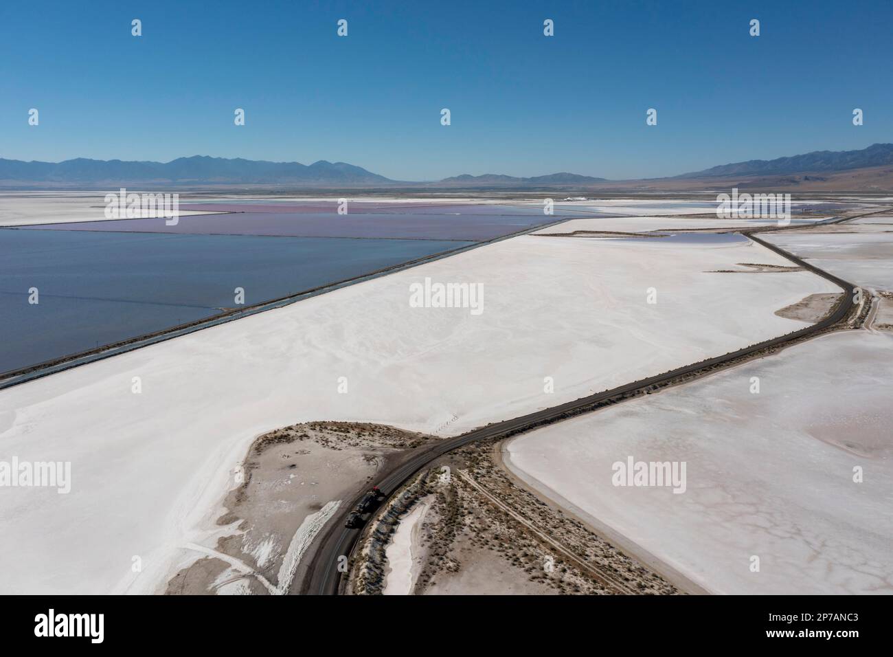 Grantsville, Utah, The Morton Salt facility, where salt is produced by impounding brine in shallow evaporation ponds at the edge of Great Salt Lake. Stock Photo