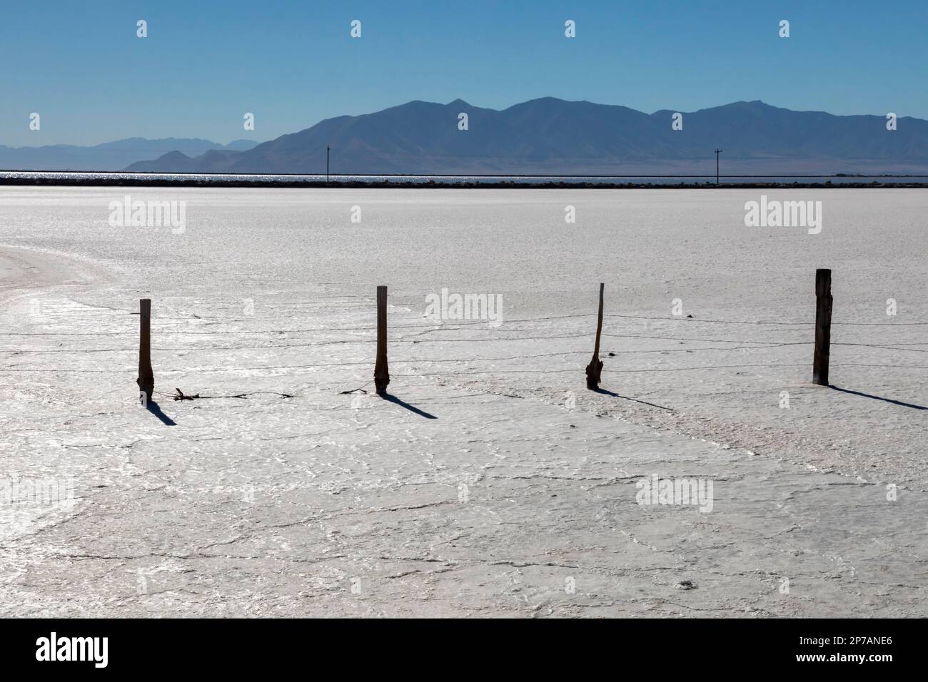 Grantsville, Utah, The Morton Salt facility, where salt is produced by impounding brine in shallow evaporation ponds at the edge of Great Salt Lake. Stock Photo