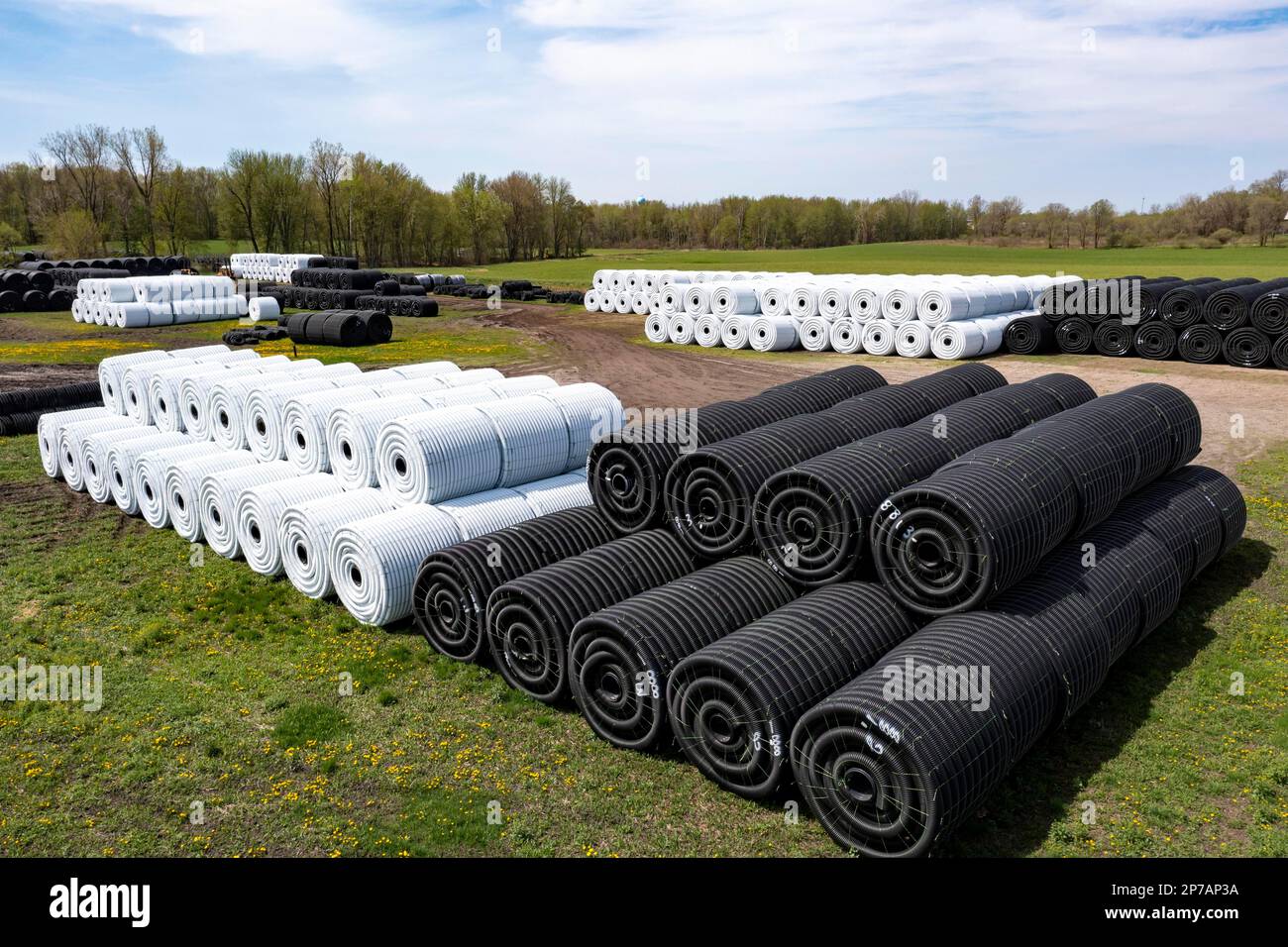 Clifford, Michigan, Corrugated plastic drainage pipe stocked at an